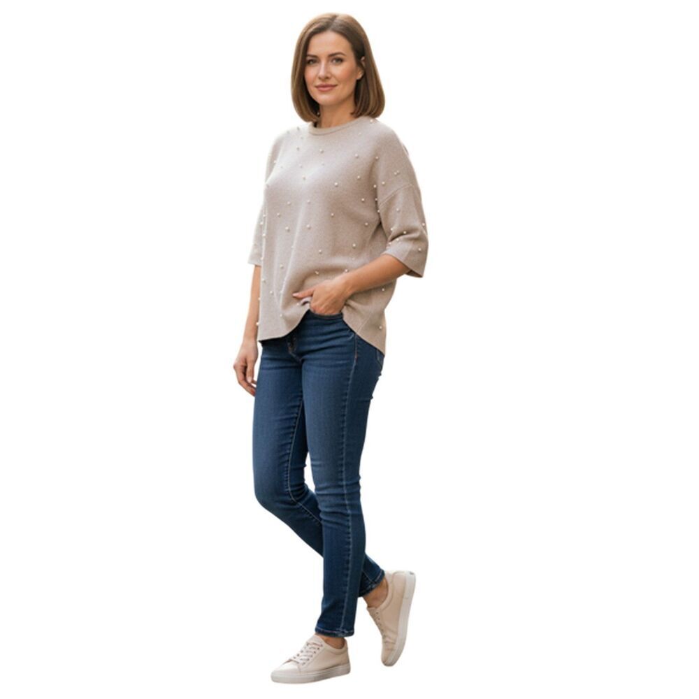Zara Trafaluc Oatmeal Beige Pearl Beaded Oversized Sweater Size S